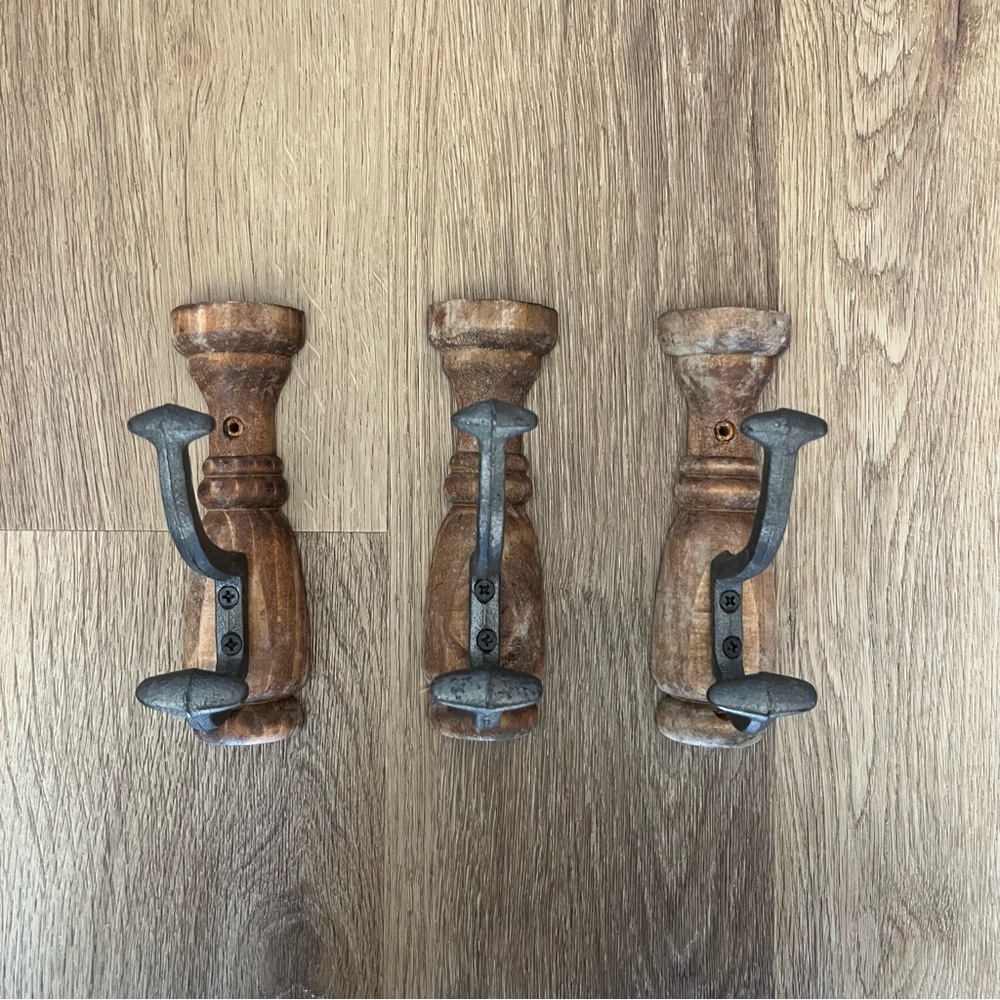 Iron and Wood Rustic Brown Wall Hooks Set of 3 6 Inches Tall